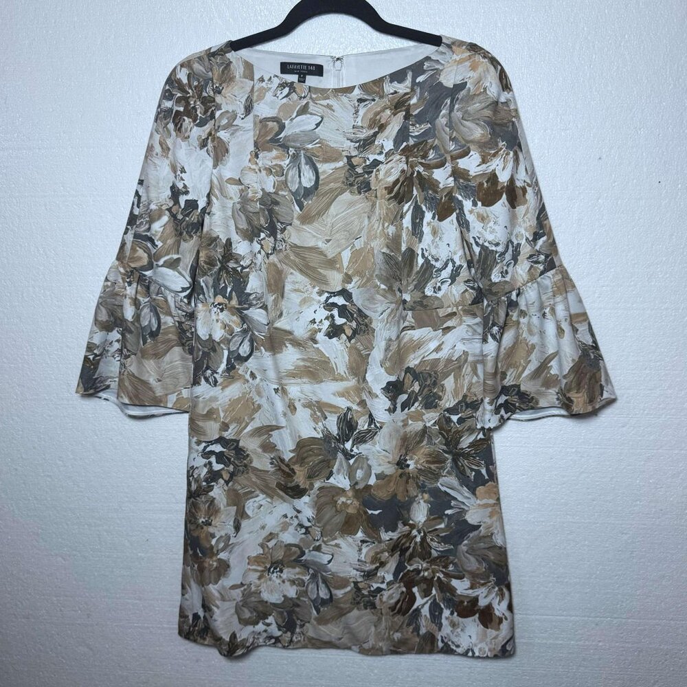 Lafayette 148 Womens Sz P XS Floral Ruffle 3/4 Sleeve Shift Dress Pockets Career